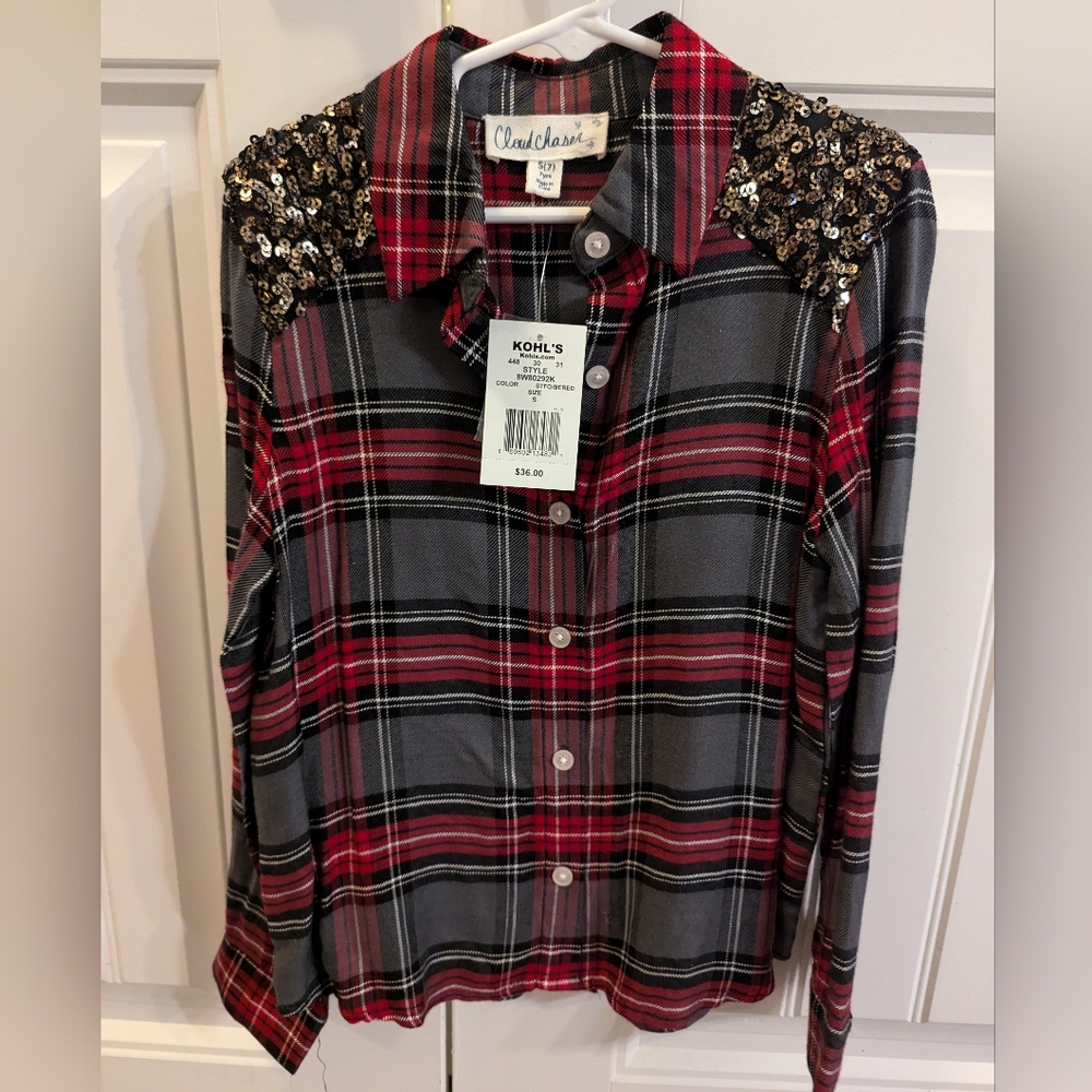 Girls Flannel & Sequin Button Up Long Sleeve, Size 7